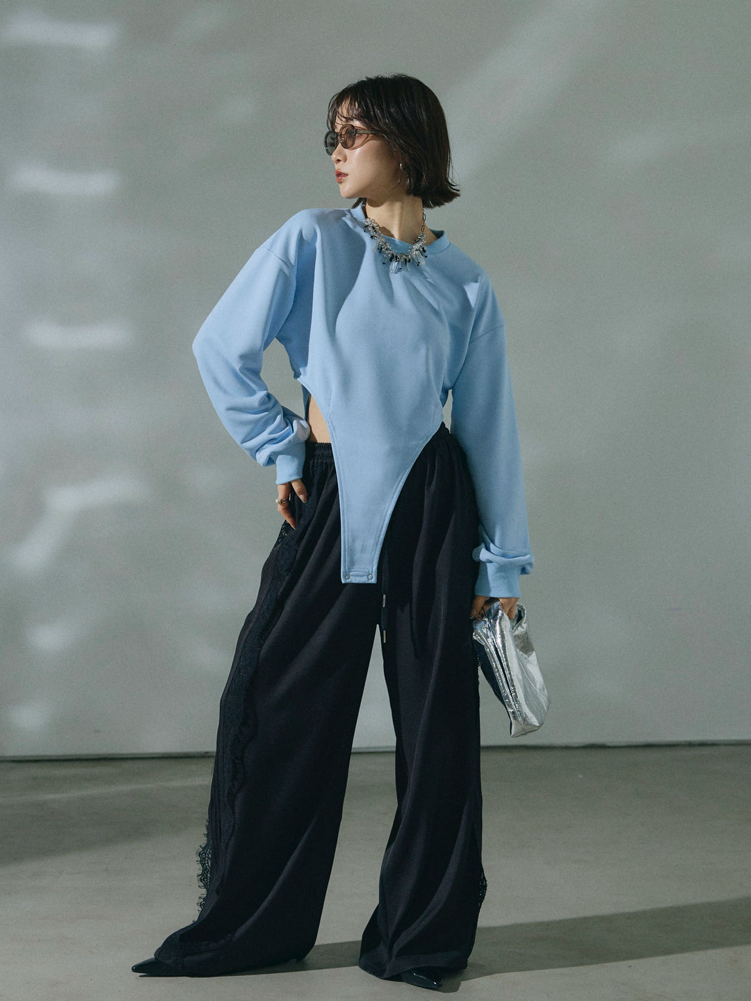 【Allure】[SET]スウェットボディスーツ+サイドピンタックレースイージーワイドパンツ(2set)