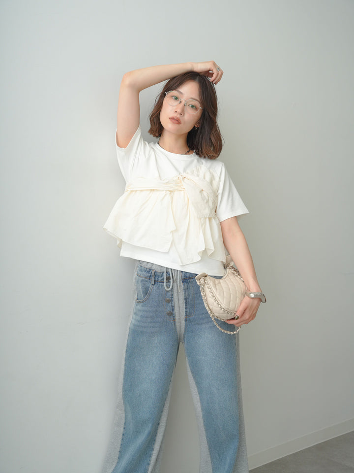 [SET]ナイロンドッキングツイストTEE +デニム切替スウェットパンツ(2set)