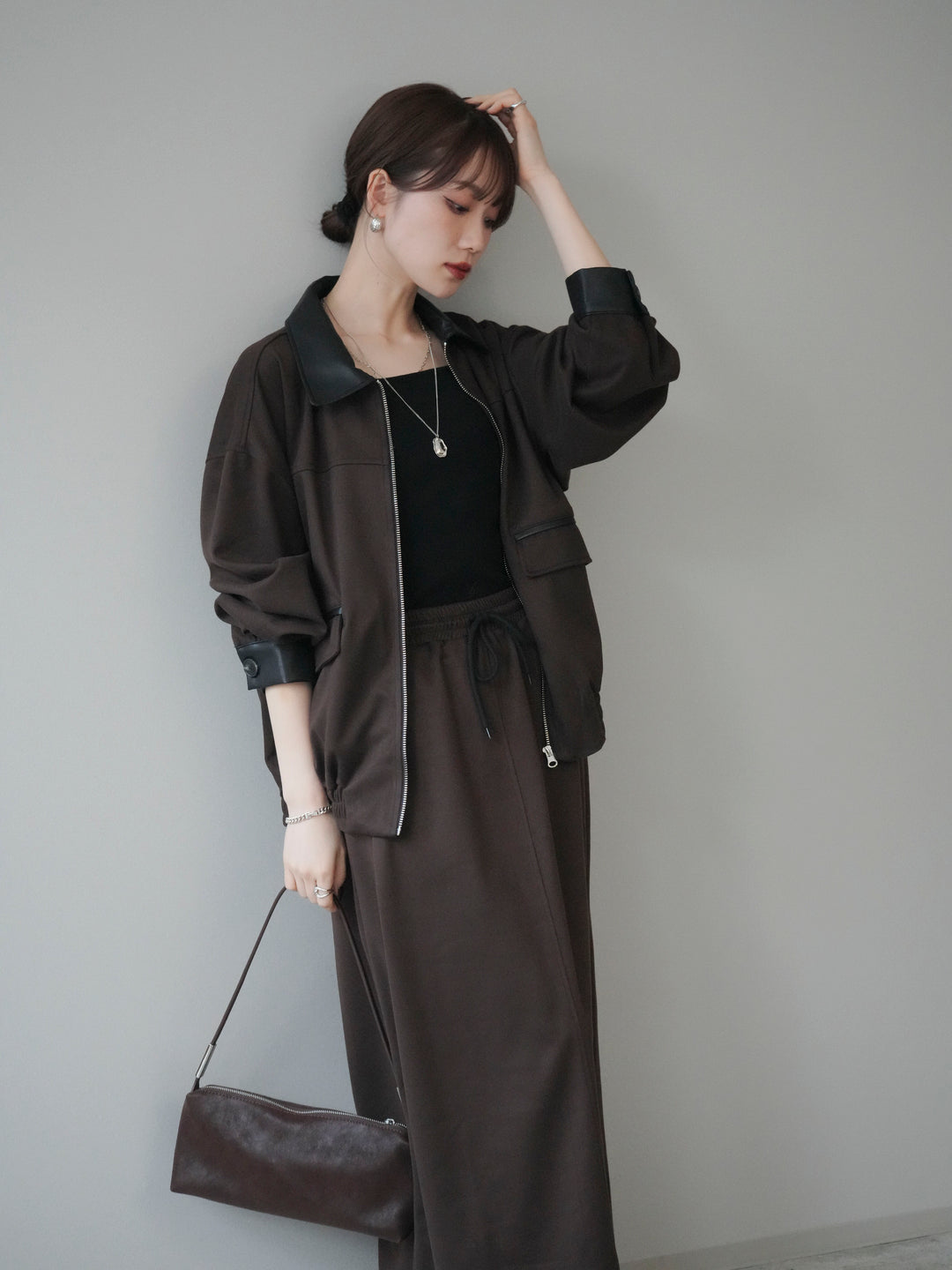 [予約]レザー襟配色パイピングブルゾン/brown