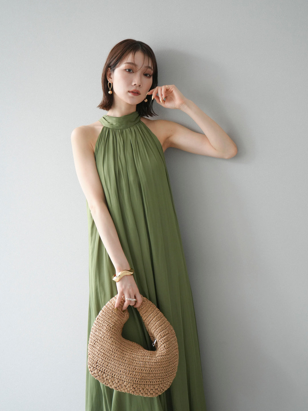 [予約]シャイニーホルターワンピース/グリーン
