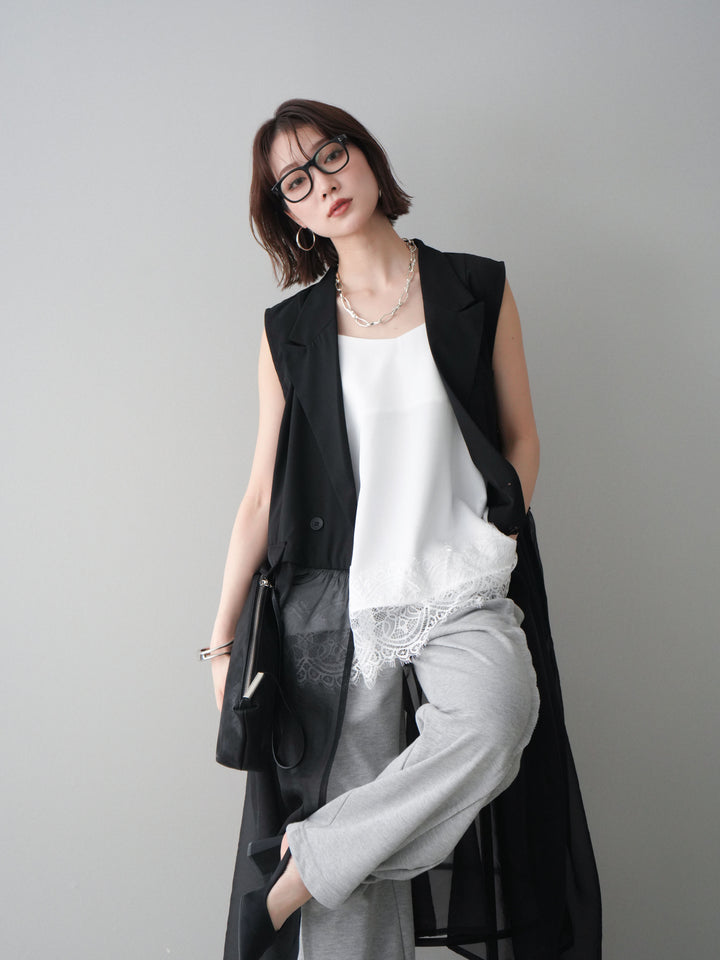 [SET]シアーレイヤードテーラードロングジレ+レーストリムキャミソール+2WAYデザインスウェットパンツ(3set)