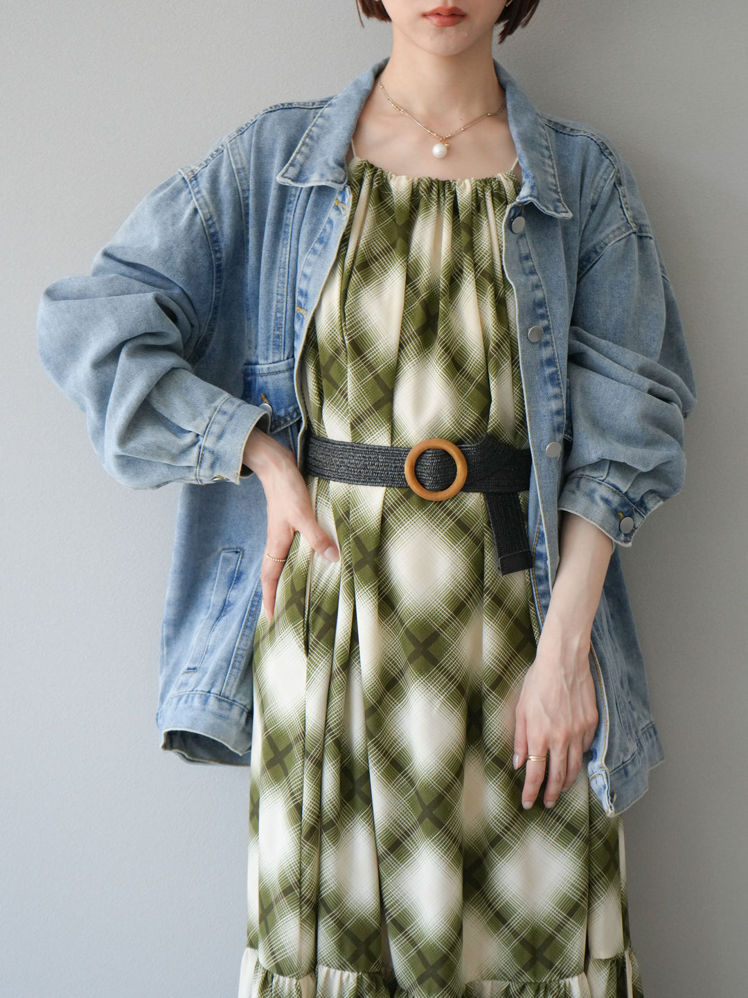 [SET]ベルト付チェックノースリーブワンピース+ビンテージデザインBIGデニムジャケット(2set)