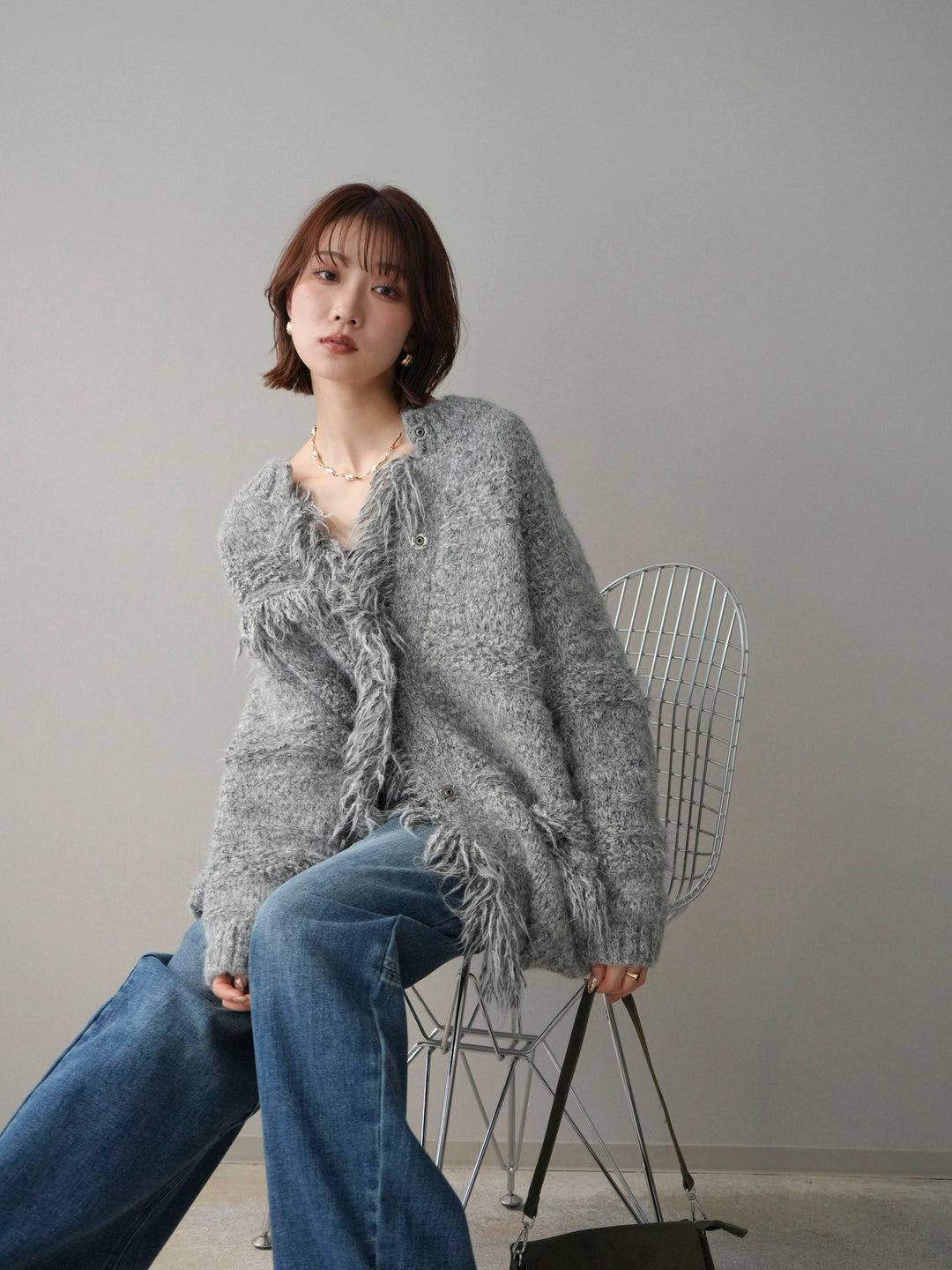 [予約]ミックスヤーンフリンジデザインニットジャケット/gray