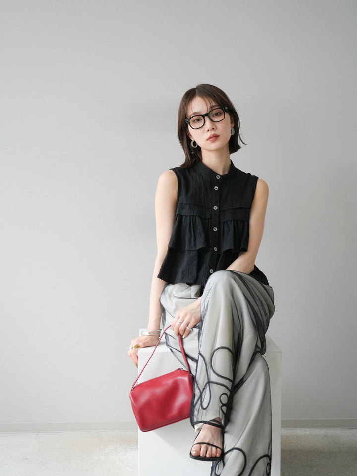 [SET]ドビーストライプアシンメトリーフリルノースリブラウス+コード刺繍チュールレイヤードパンツ(2set)