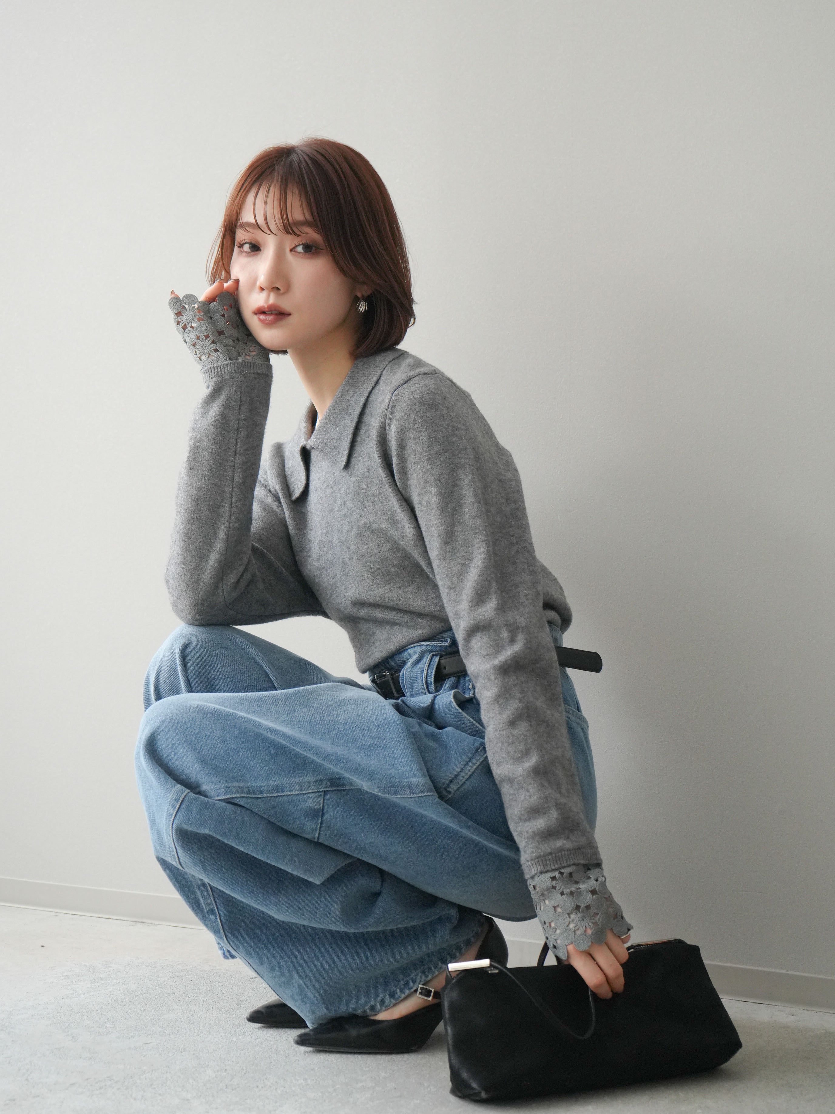 SET]スカラップレース袖襟付きニットトップス+スカラップレース袖襟