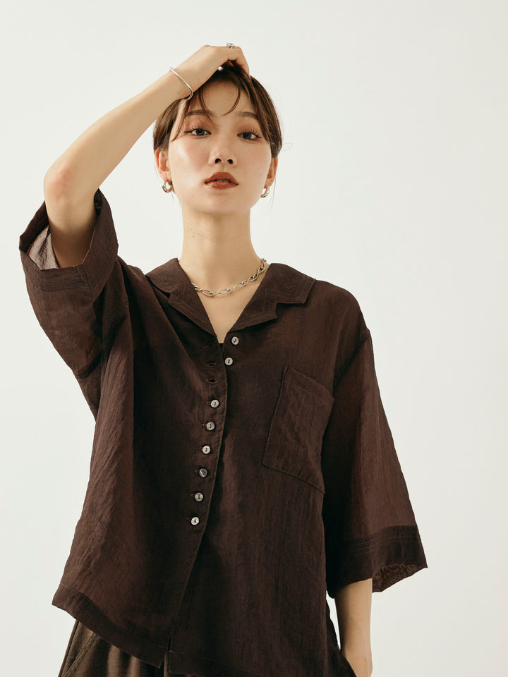 【Allure】[SET]シャイニースラブシアー開襟ハーフシャツ+リネンライクベイカーバルーンパンツ(2set)