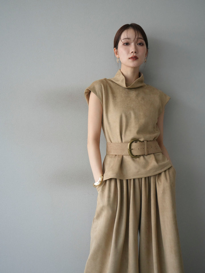 [SET]ベルト付スエードハイネックプルオーバー＆ワイドパンツSET UP