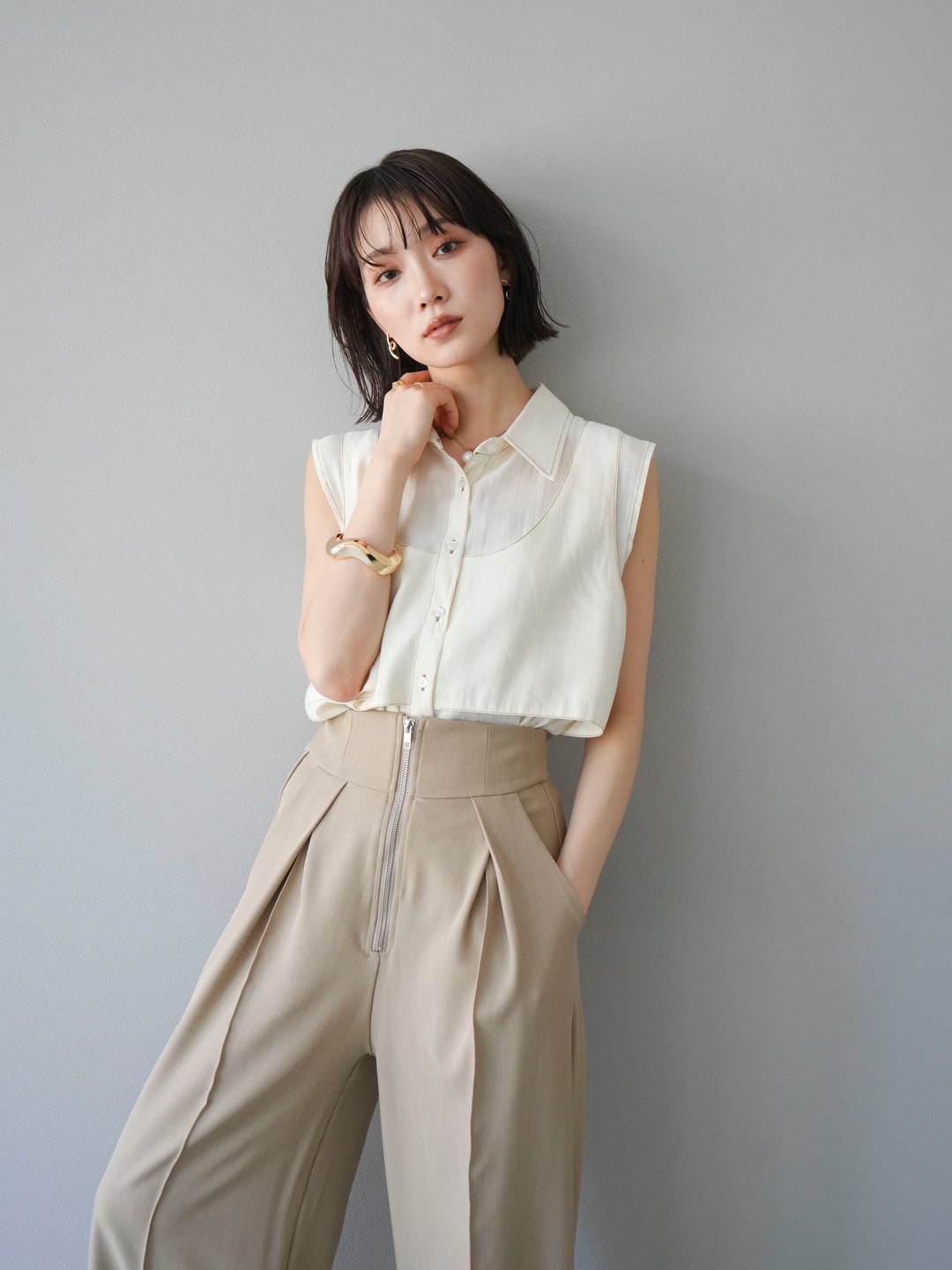 [予約]ステッチシアーレイヤードデザインブラウス/アイボリー