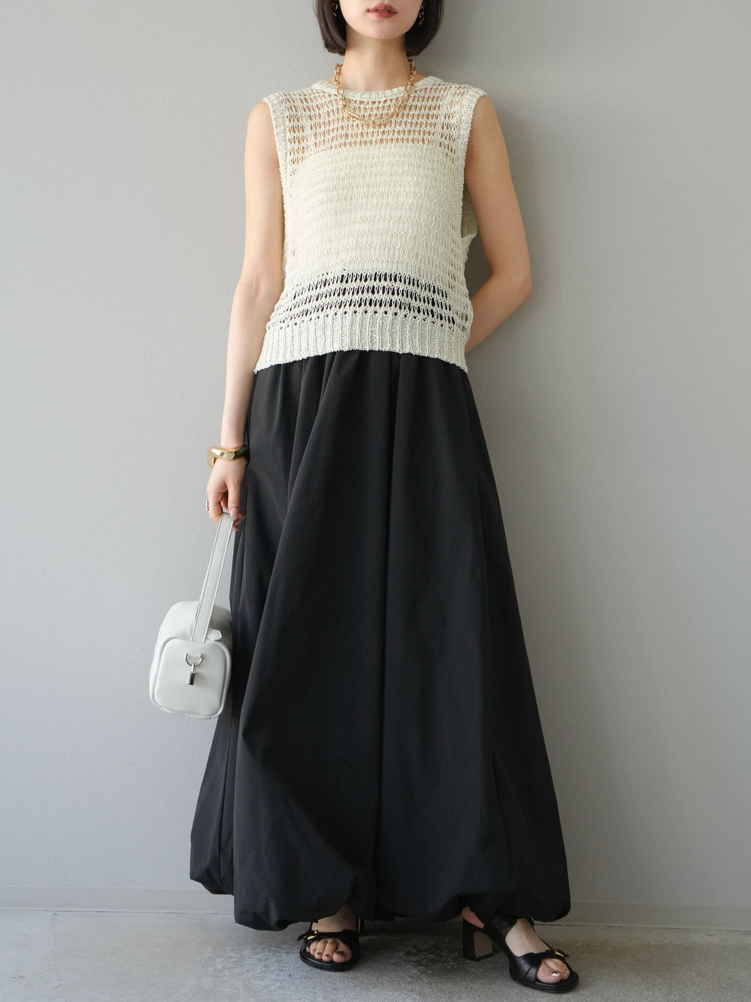 [予約]ミックスヤーン透かし編みニットタンクトップ/アイボリー