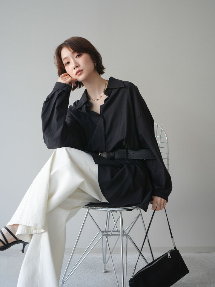 [予約]ベルト付フレアシャツミニワンピース/black