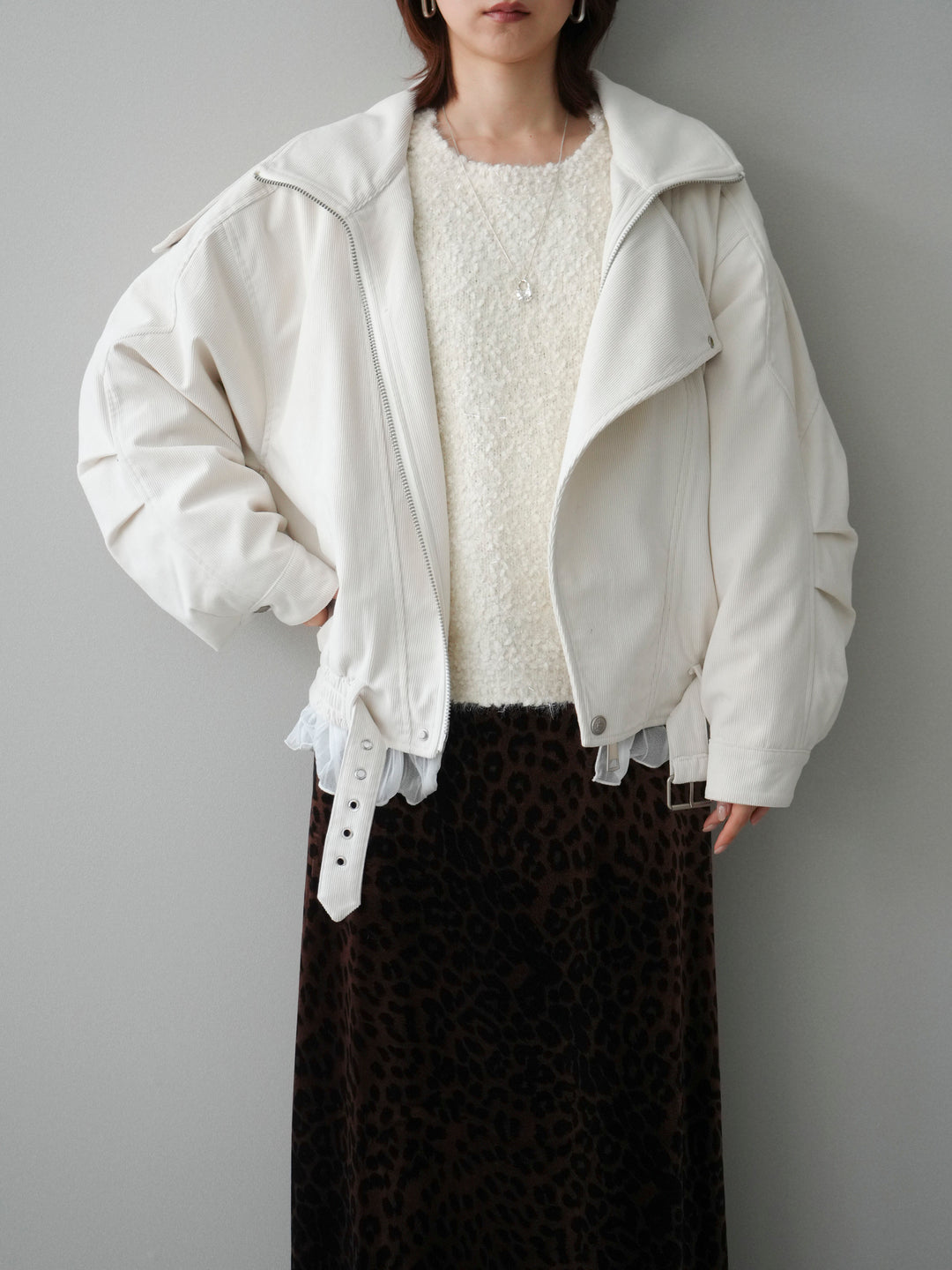 [SET]コーデュロイライダース裾レースブルゾン+モールラメミックスヤーンニットプルオーバー+レオパードベロアナロースカート(3set)