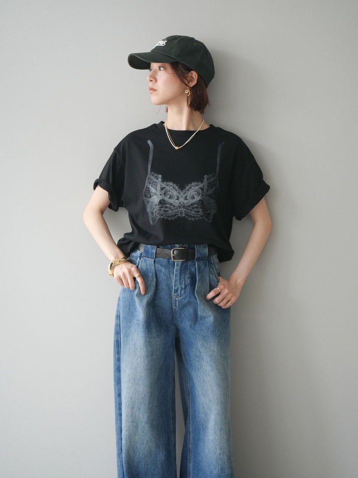【預購】蕾絲圖案印花T卹/黑色