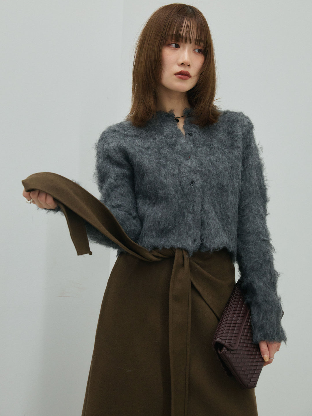 【Allure】[SET]モヘアタッチクロップドニットプルオーバー+ウールタッチウエスト巻きスカート(2set)