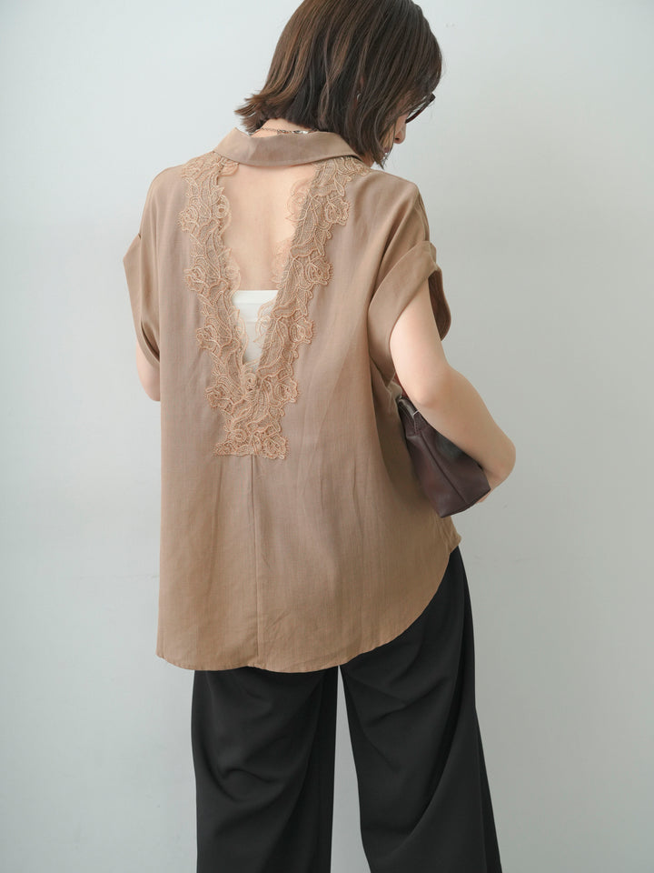 [SET]バックレースフレンチシャツ+クレープデシンタックワイドパンツ(2set)