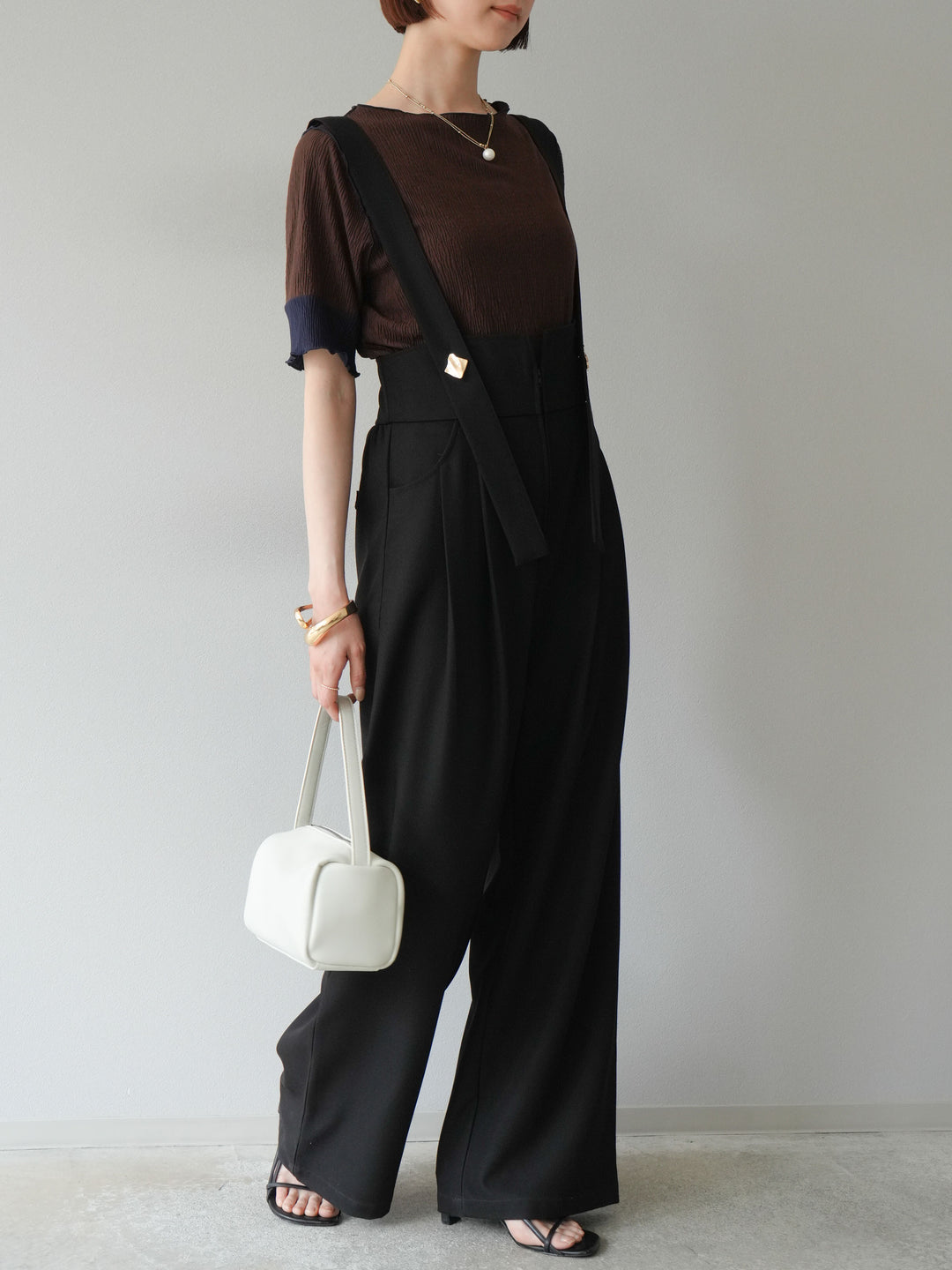 [SET]プリーツ配色ボートネックプルオーバー+ゴールドボタンサスペンダーワイドパンツ(2set)