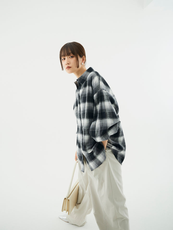 【Allure】[SET]オンブレチェックオーバーシャツ+タフタワイドカーブパンツ(2set)