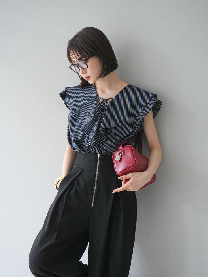 [予約]リネンライクストライプラッフルブラウス/ネイビー