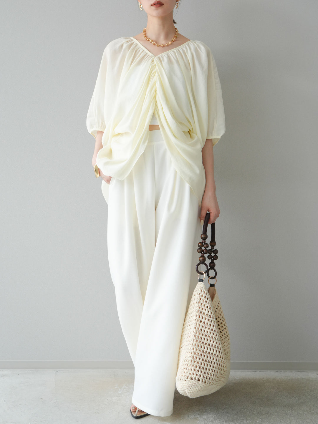 [SET]ボリュームスリーブシアータックブラウス+リネンライクイージーワイドパンツ(2set)