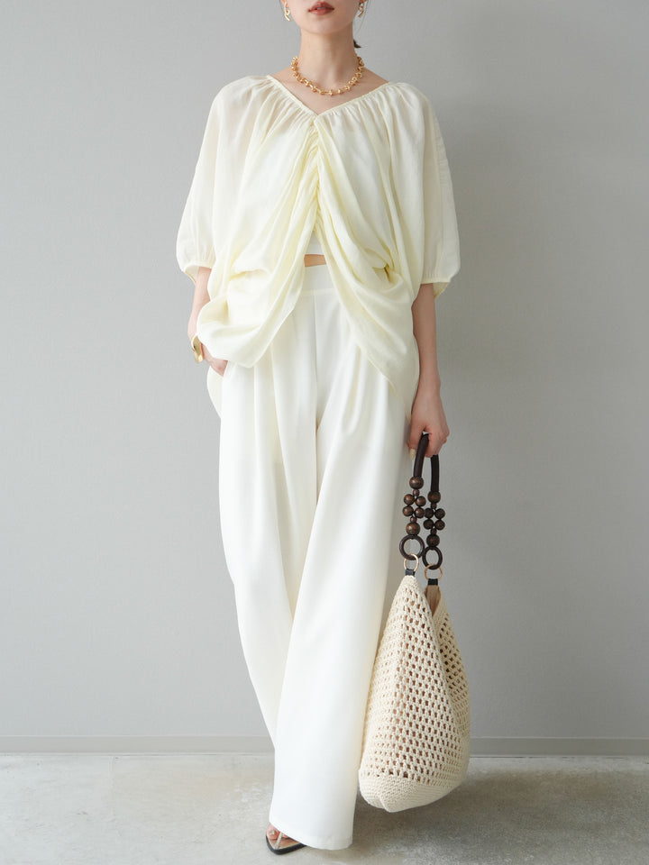 [SET]ボリュームスリーブシアータックブラウス+リネンライクイージーワイドパンツ(2set)