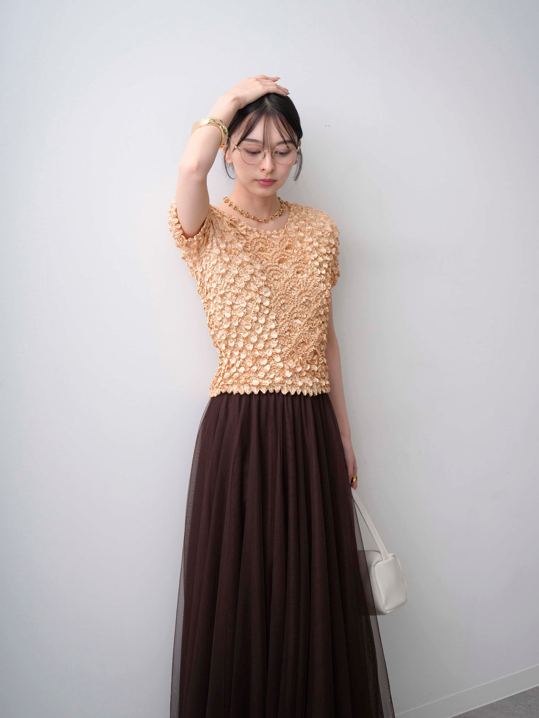[SET]ドットスモッキングフレンチトップス+チュールボリュームスカート(2set)