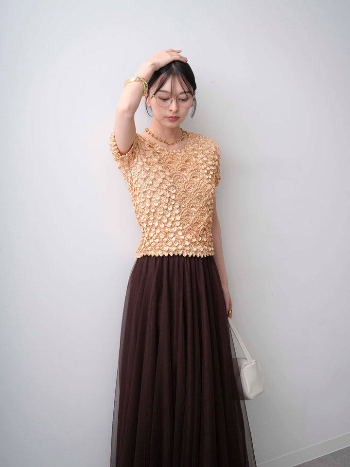 [SET]ドットスモッキングフレンチトップス+チュールボリュームスカート(2set)