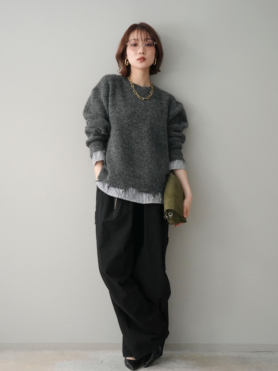 [予約]裾シャツレイヤードダメージニットプルオーバー/darkgrey