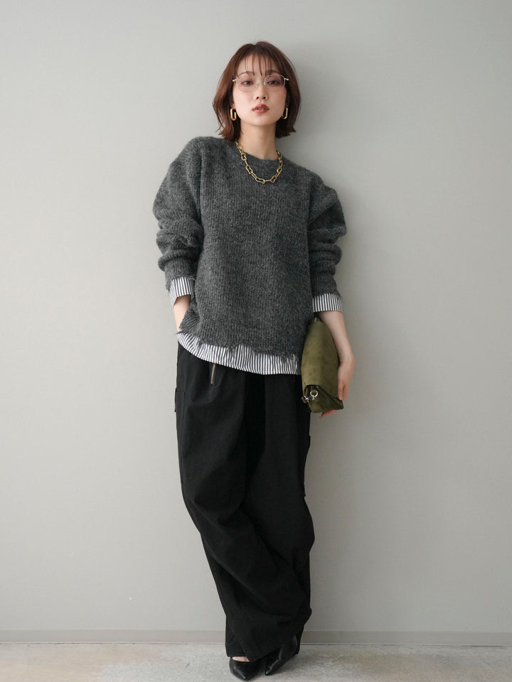 [予約]裾シャツレイヤードダメージニットプルオーバー/darkgrey