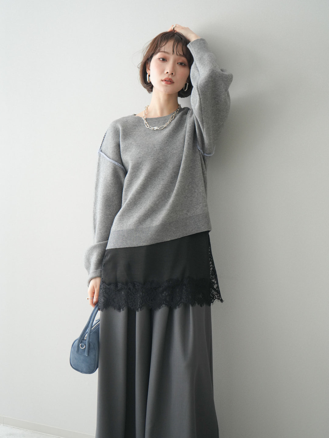 [SET]バックロゴ刺繍配色ステッチニットプルオーバー+選べるアクセセット(2set)