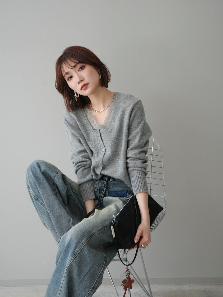 [SET]レースネックニットカーディガン+染めデザインポケットデニムパンツ(2set)