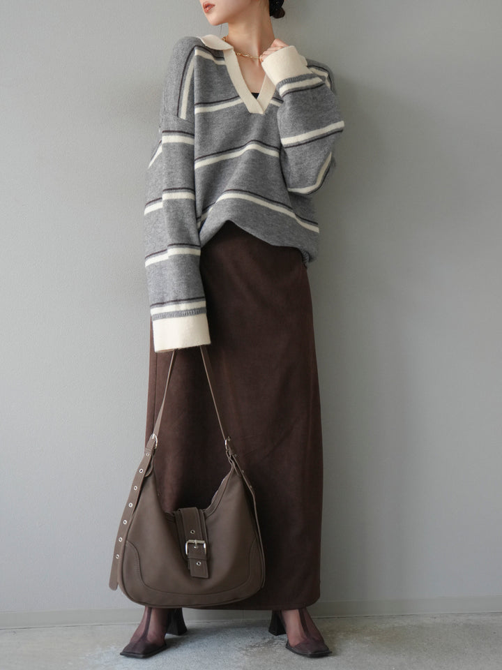 [予約]ポロ襟スキッパーボーダーニットプルオーバー/グレー