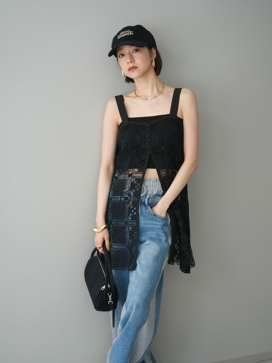 [SET]配色パネルレースキャミソール+デニム切替スウェットパンツ(2set)