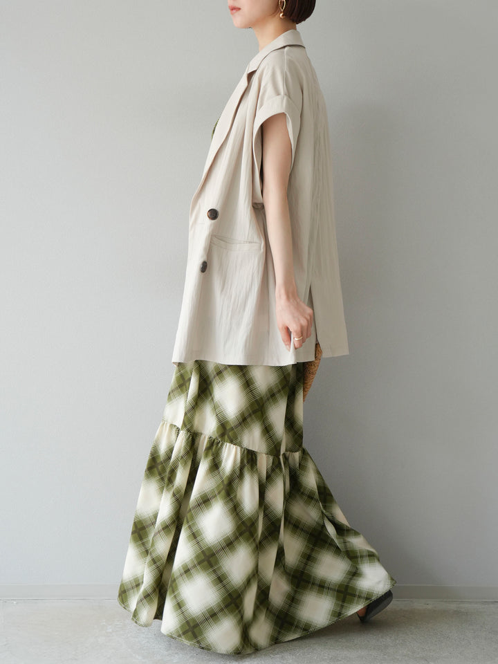 [SET]ベルト付チェックノースリーブワンピース+リネンライクノースリーブダブルジレ(2set)