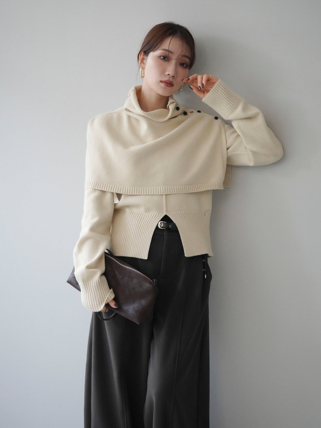 [予約]フロントスリットネックアンサンブルニット/ivory