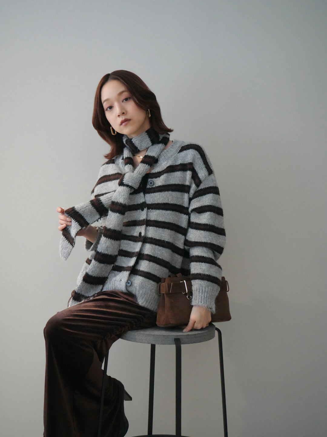 [SET]ボウタイ付きボーダーニットプルオーバー+ギャザーベロアスカート(2set)