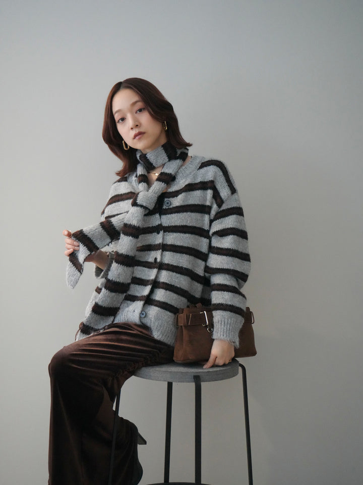 [SET]ボウタイ付きボーダーニットプルオーバー+ギャザーベロアスカート(2set)