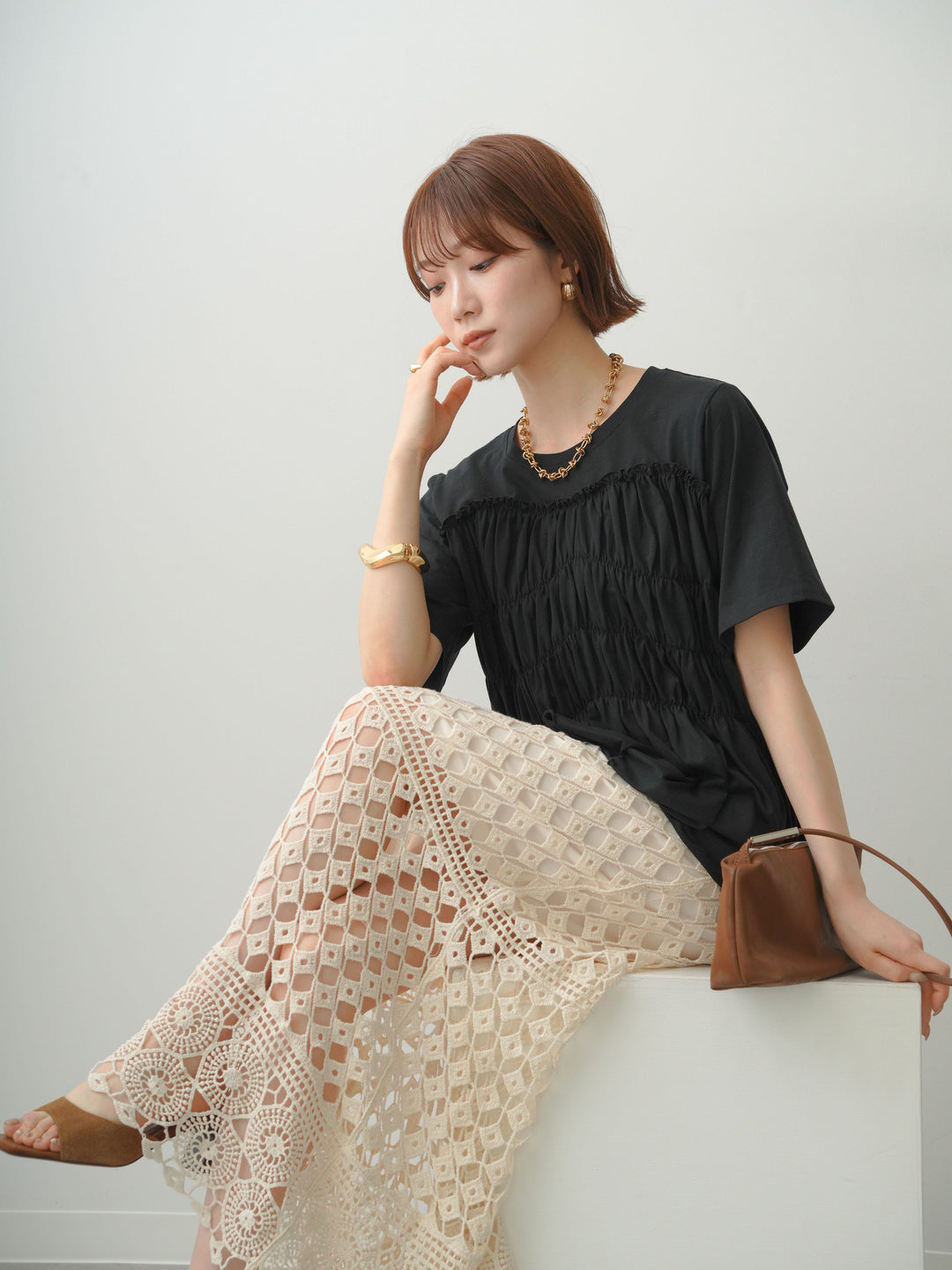 [SET]クールタッチシャーリングTEE+クロシェレースIラインスカート(2set)