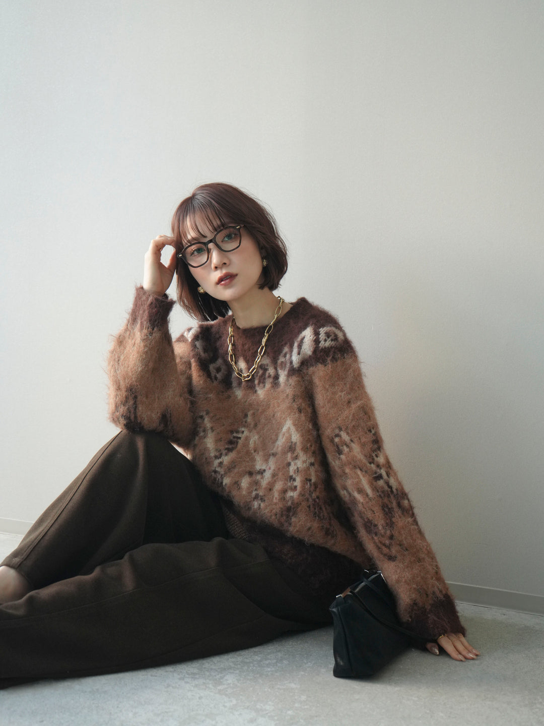 [予約]シャギーニュアンス柄ニットプルオーバー/brown