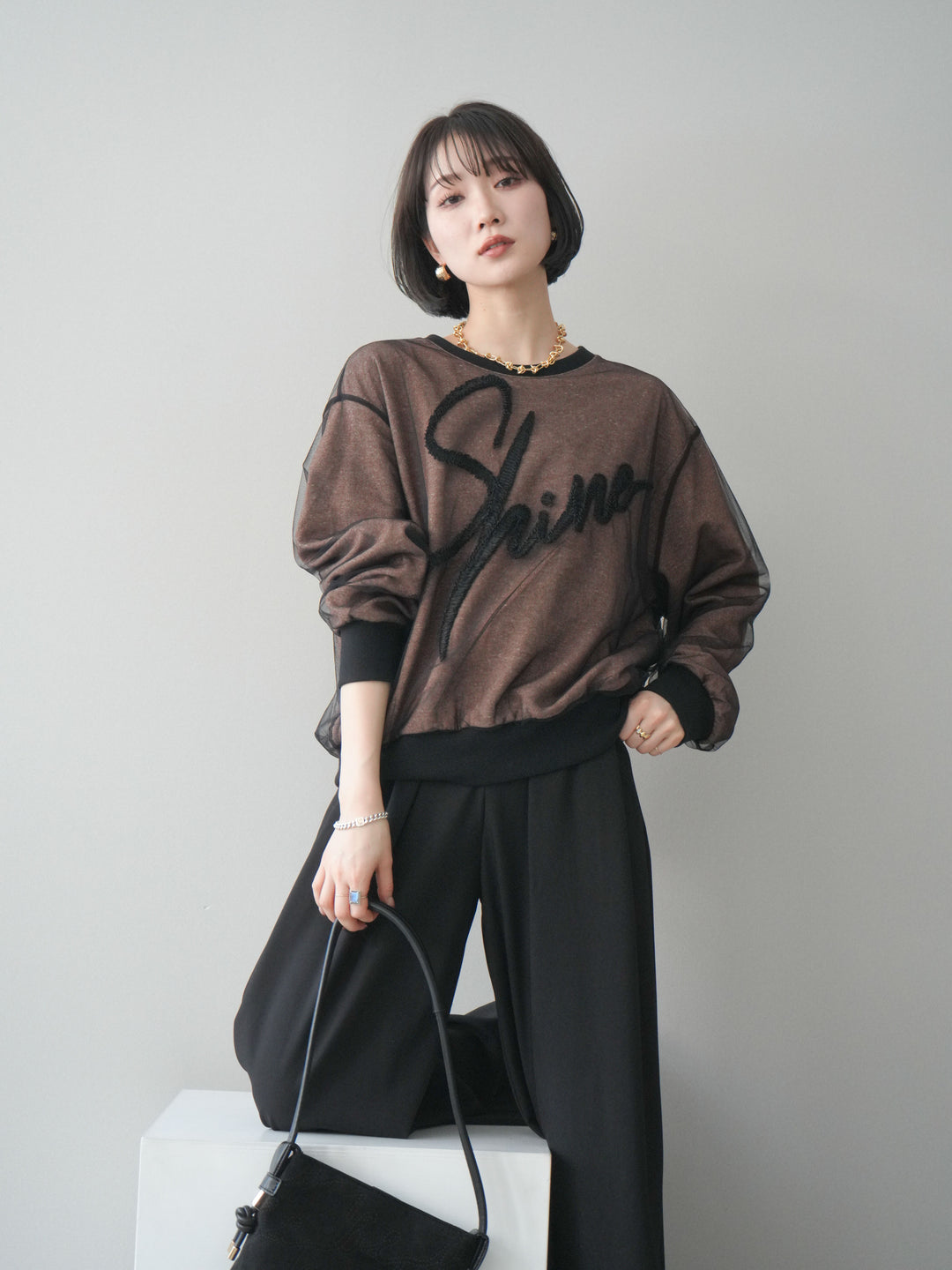 [予約]チュールレイヤードロゴスエットプルオーバー/brown