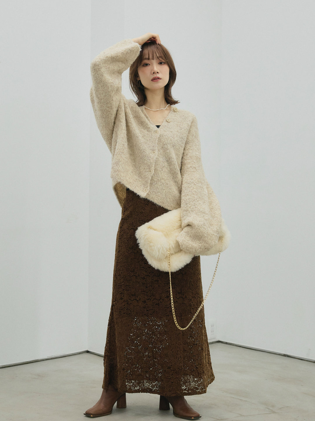 【Allure】[SET]ブークレニットカーディガン+起毛レースストレッチナロースカート(2set)