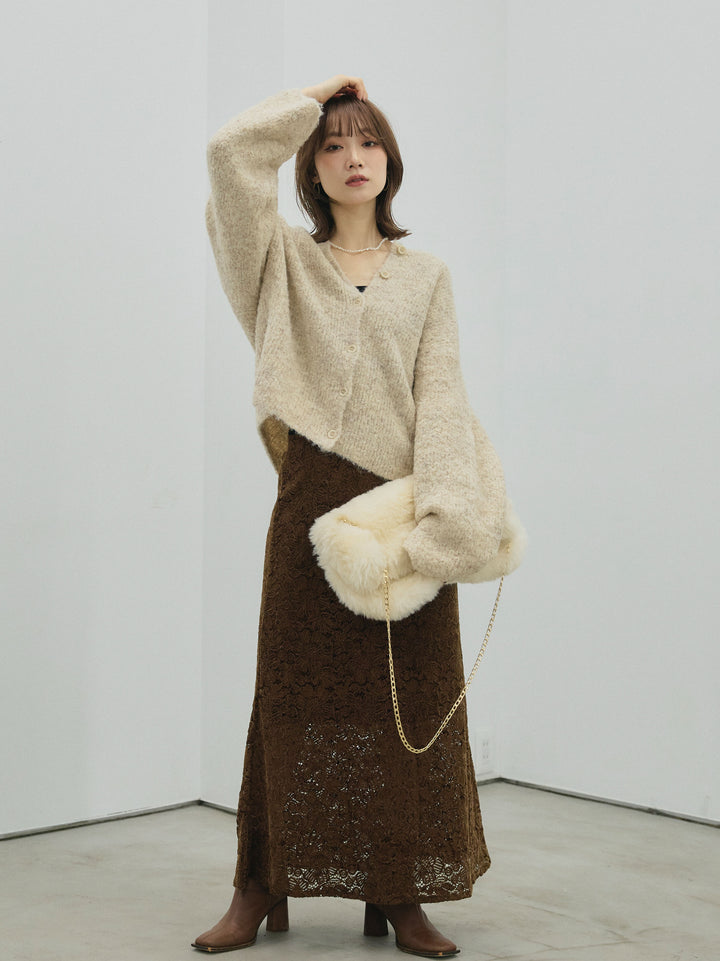 【Allure】[SET]ブークレニットカーディガン+起毛レースストレッチナロースカート(2set)