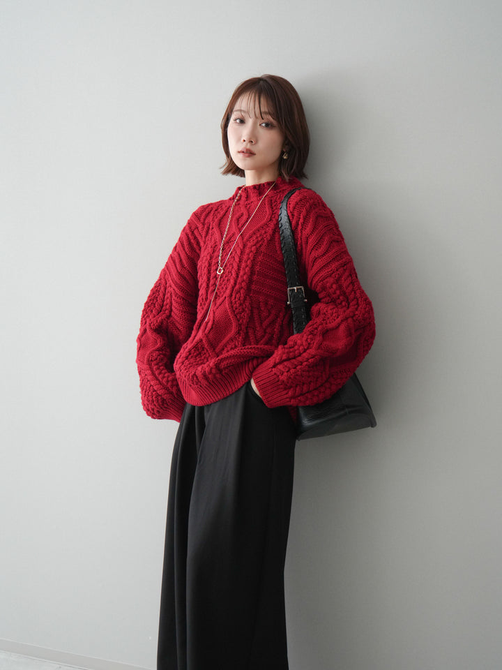 [予約]ケーブル編みモックネックニットプルオーバー/red
