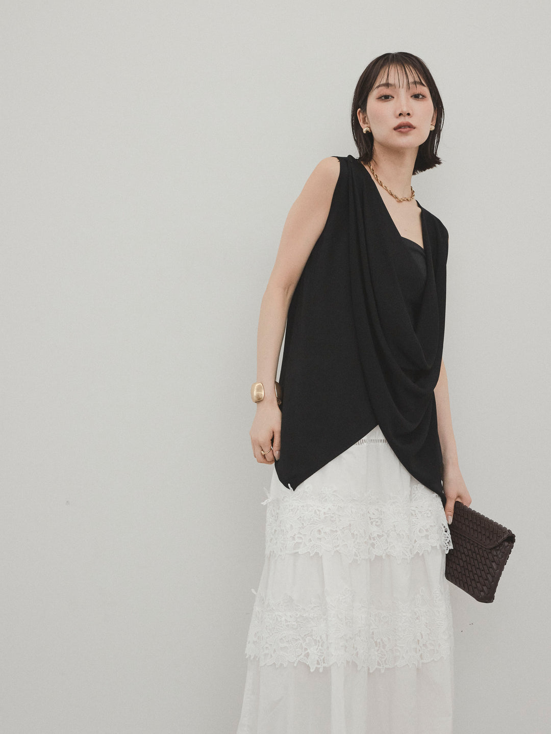 [SET]ドライタッチドレープニットプルオーバー+スカラップレースロングスカート(2set)