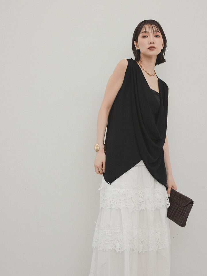 [SET]ドライタッチドレープニットプルオーバー+スカラップレースロングスカート(2set)