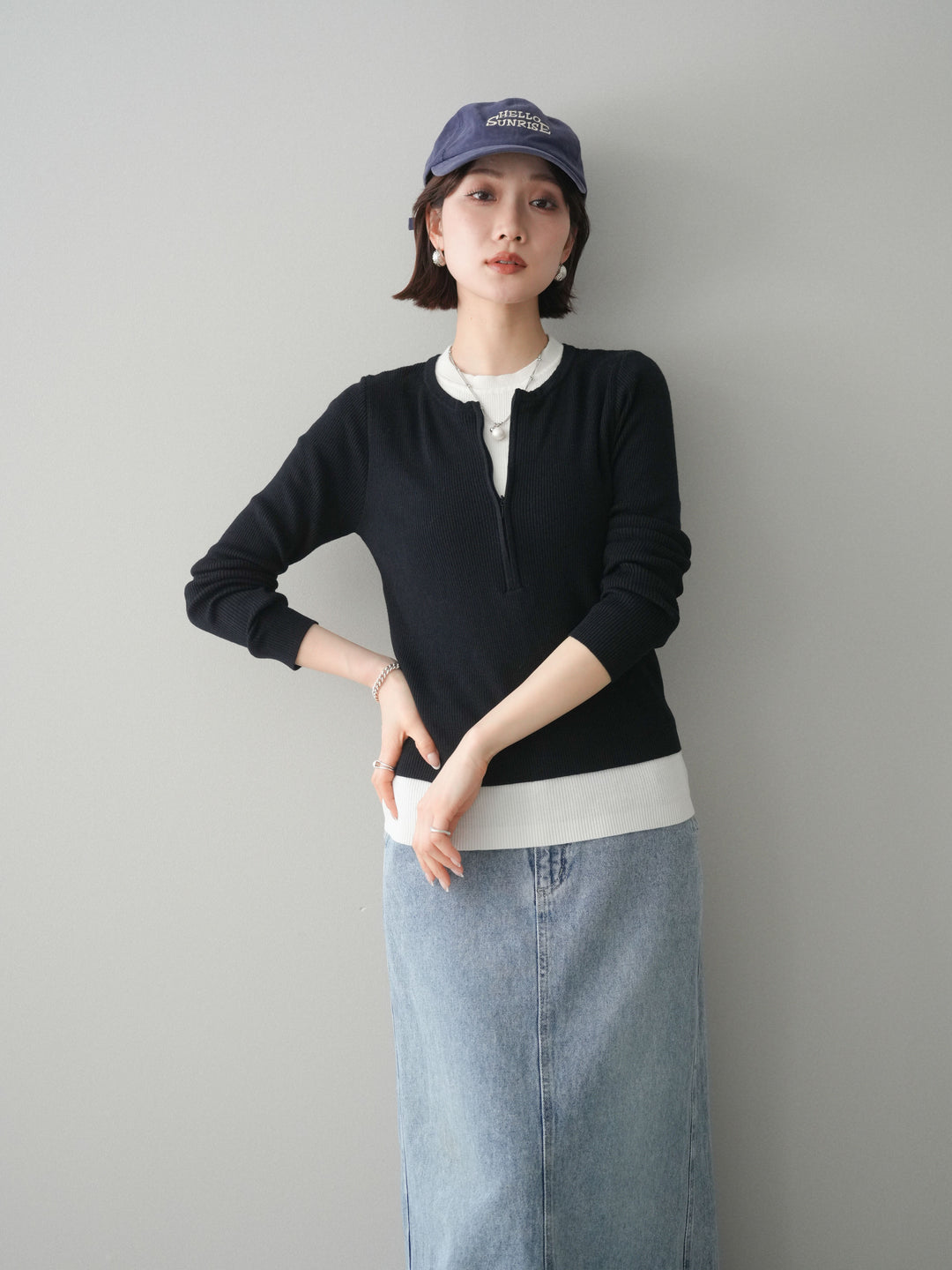 [予約]フロントジップ配色レイヤードニットトップス/navy