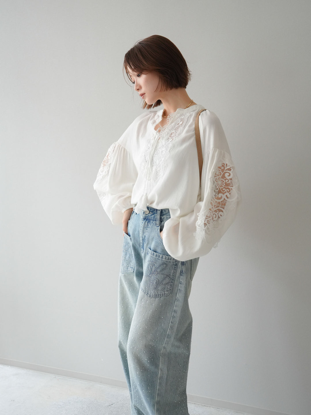 [予約]レーススリーブスキッパーブラウス/white