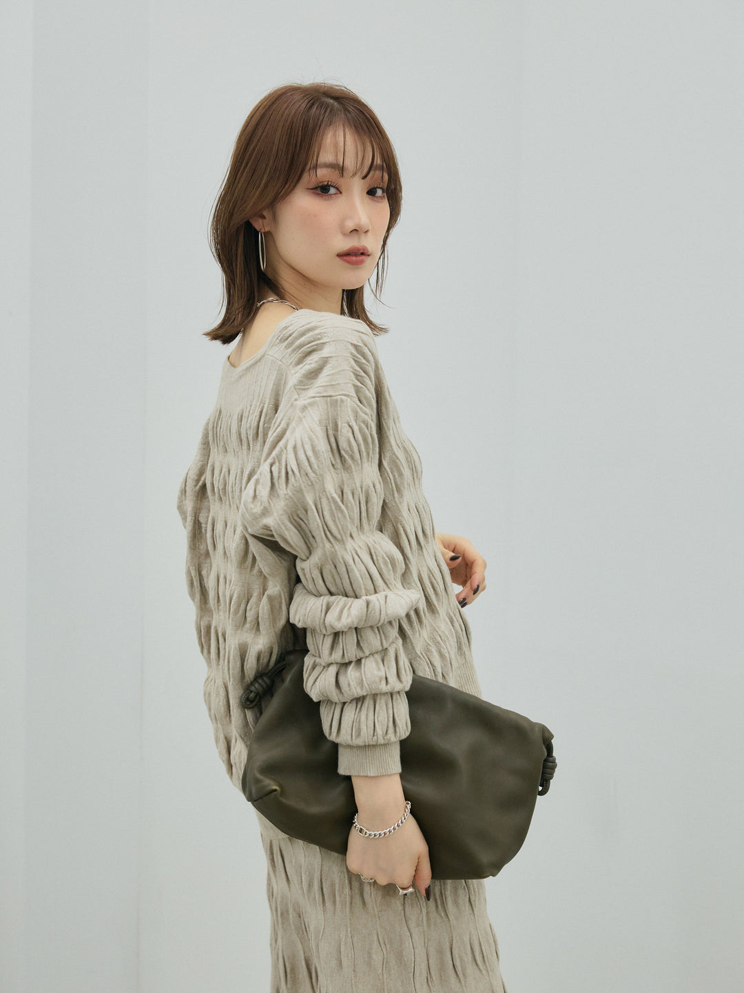 【Allure】[SET]シャーリングニットカーディガン&ニットスカートSET UP+シャーリングニットカーディガン&ニットスカートSET UP(2set)