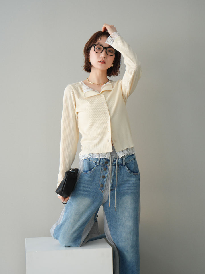 [SET]レースドッキングテレコリブカーディガン+選べるアクセセット(2set)