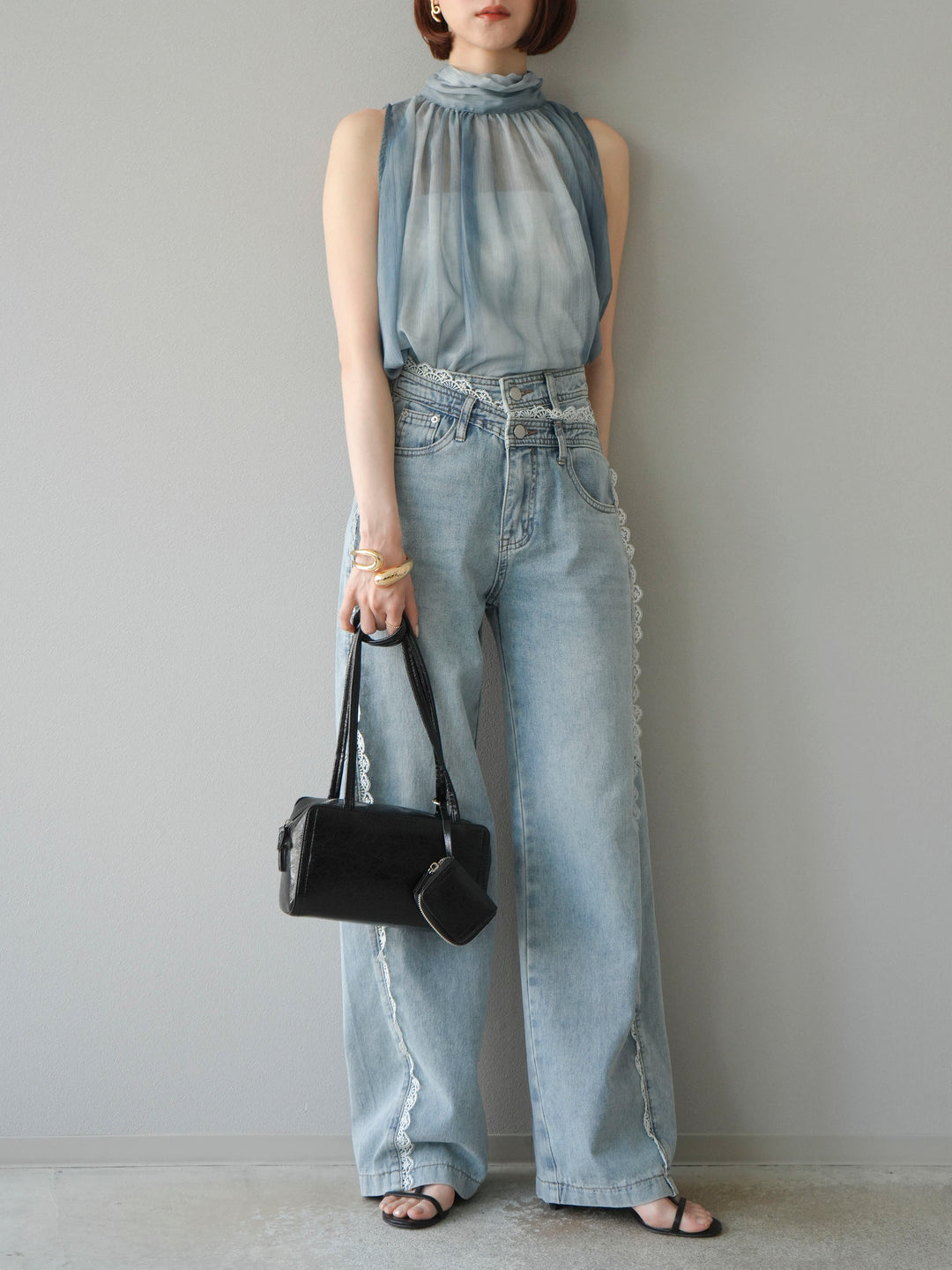 [予約]ニュアンスシアーホルターネックブラウス/グリーン