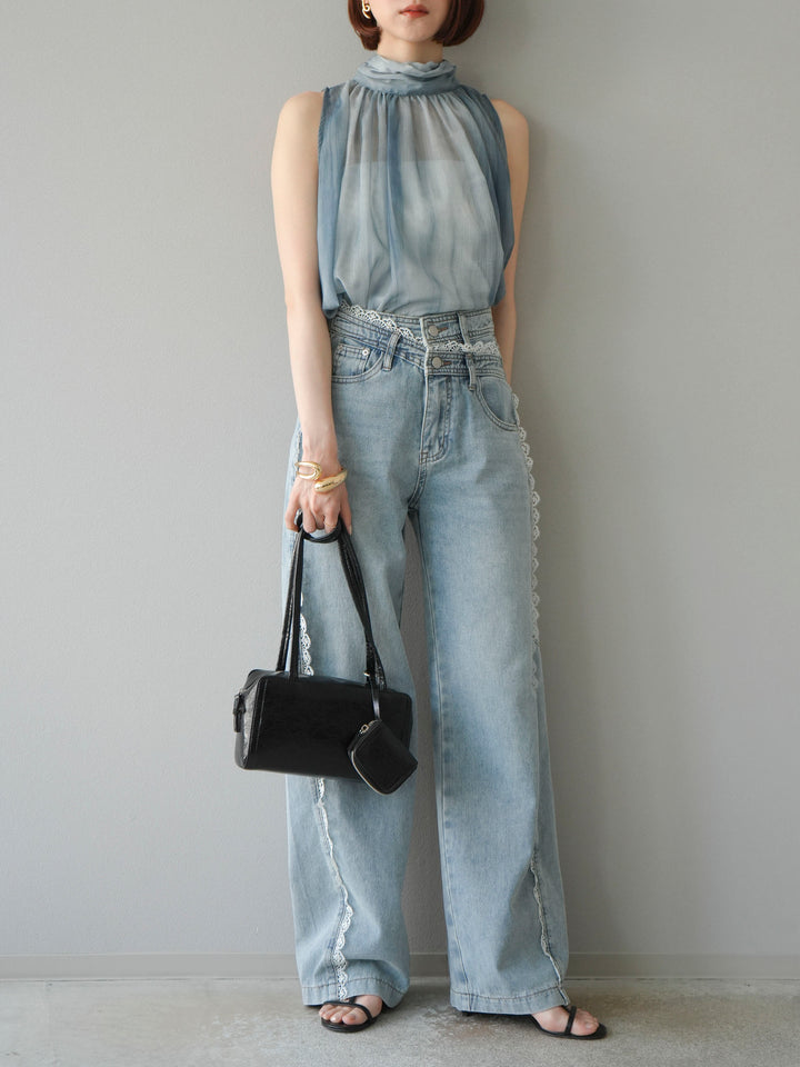 [予約]ニュアンスシアーホルターネックブラウス/グリーン