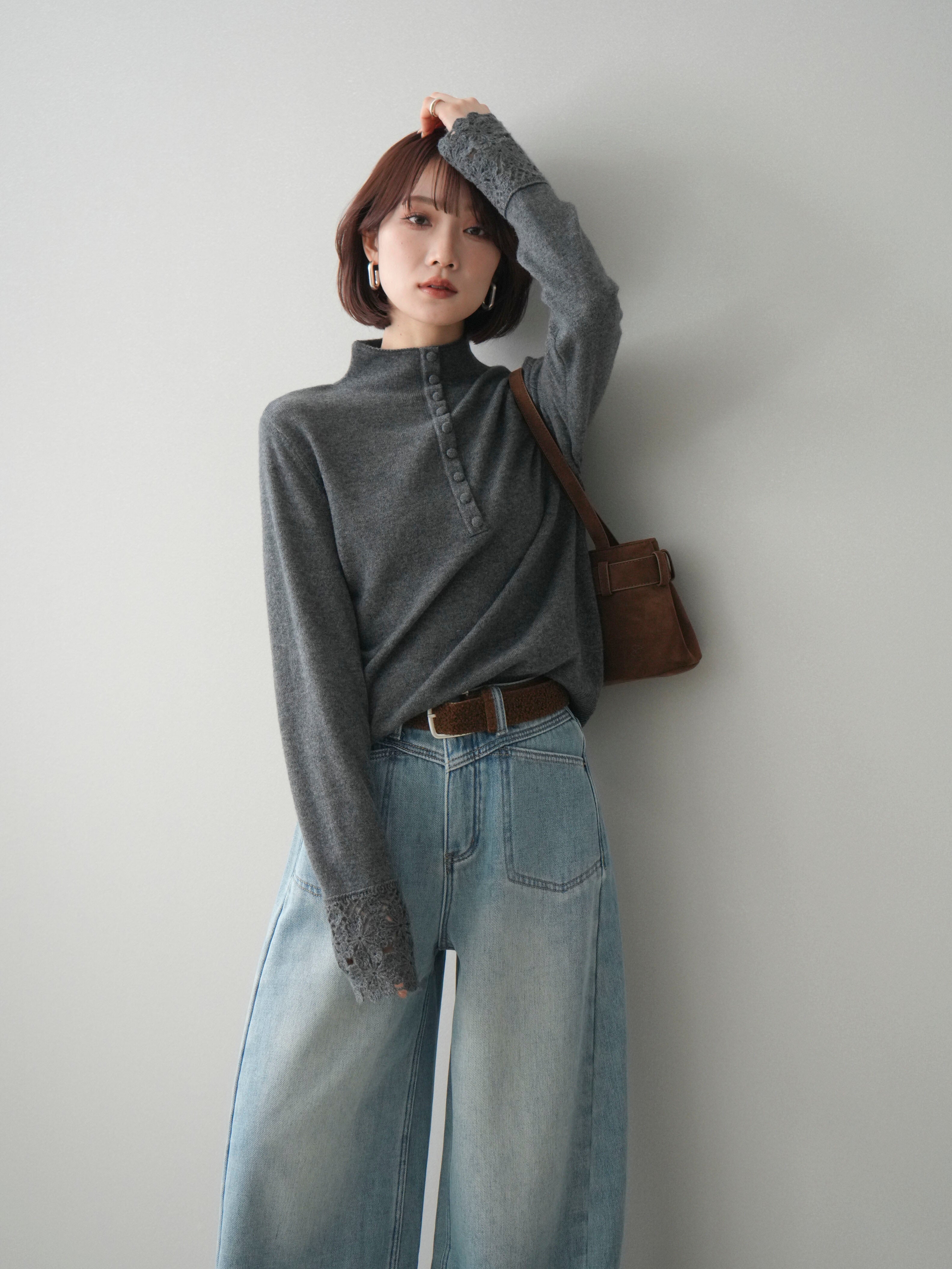 予約]袖スカラップレースフロントボタンウールニットトップス/gray